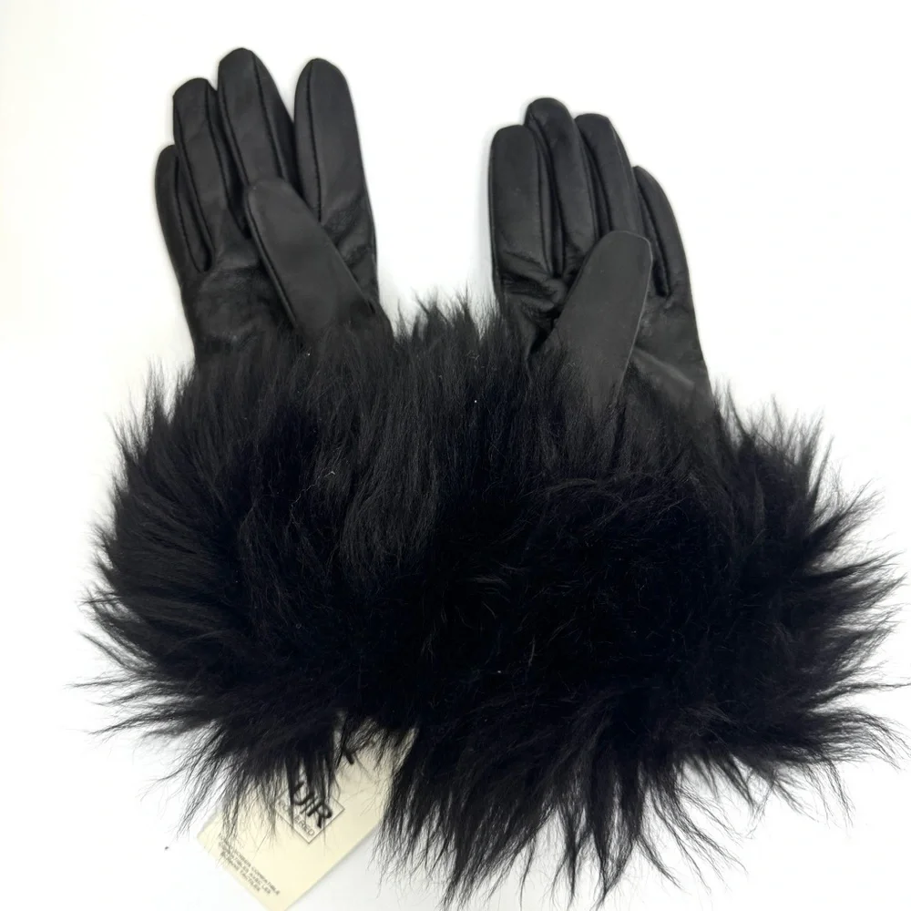 UGG Black Leather Gloves NEW With Fur Trim Black NEW Size S